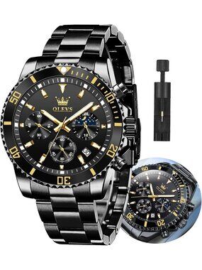 Mens All Black Stainless Steel Luxury Chronograph Analog Quartz Waterproof Watch
